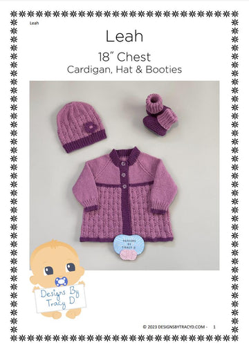 Leah 18 inch chest 3-6mths Baby cardigan, Hat & Booties knitting pattern