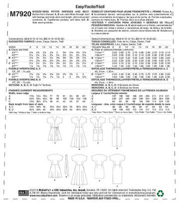 McCall's Misses'/Miss Petite Dresses and Belt M7920 - Sewing Pattern