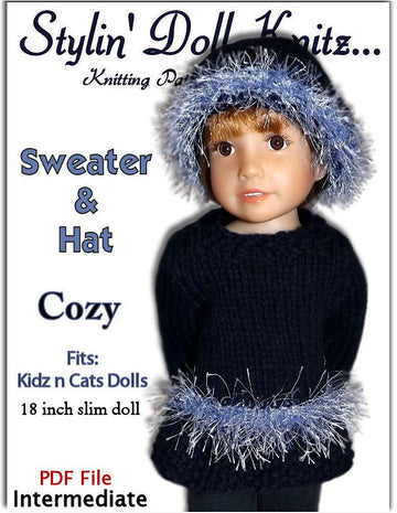 Sweater and Hat Pattern, fits Kidz n Cats Dolls. 18" slim doll