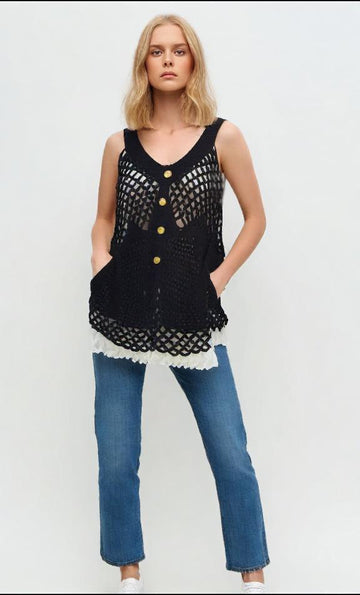 Crochet Boho Style Vest – Loose Fit, Mesh Sleeveless Buttoned Design