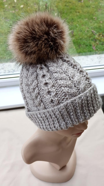 Aran Cable Brimmed Beanie Hat Womens Mens Chunky Yarn