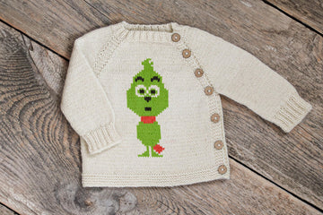 Cute Baby Grinch Knit kids sweater - Knitting Pattern, duplicate stitch color work - Easy for Beginners