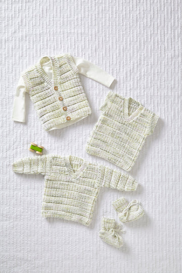 Cardigan, Waistcoast, Sweater, Tank Top and Bootees in King Cole Little Treasures DK - 5858 - Leaflet