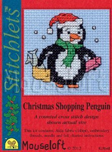 Mouseloft Christmas Shopping Penguin Card Cross Stitch Kit - 6cm x 6cm