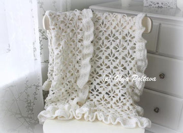White Spider Lace Baby Blanket With Ruffled Trim