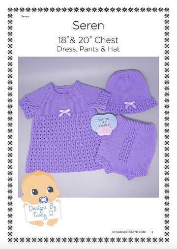 Seren Baby dress, sun hat & pants knitting pattern, 18" and 20" chest