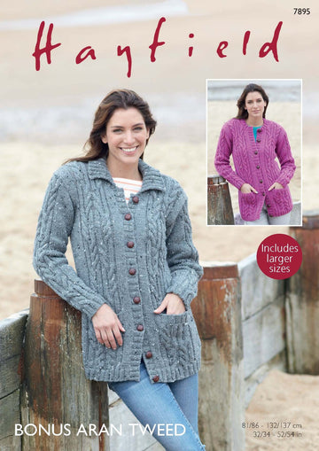 Collared and Round Neck Cardigans in Hayfield Bonus Aran Tweed - 7895 - Downloadable PDF
