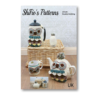 Crochet pattern-Owl Coffee Press,Teapot, Mug, Egg Cozies #249