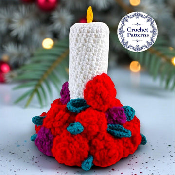 Christmas Candle with crochet Rose Flowers bouquet (Pattern PDF)