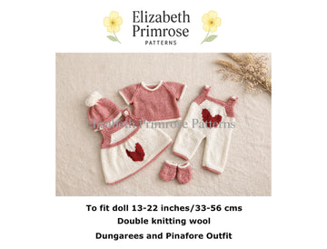 Heart Dungarees & Pinafore Set Knitting Pattern P133 | Dolls Clothes | Elizabeth Primrose Patterns