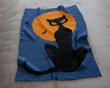 C2C Halloween Black Cat Intarsia Throw Diagonal Crochet Pattern