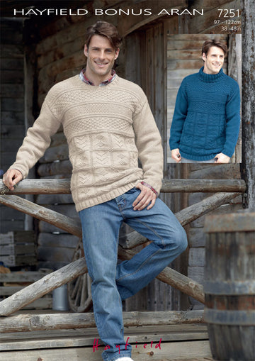 Round Neck and Stand Up Neck Sweaters in Hayfield Bonus Aran with Wool - 7251 - Downloadable PDF
