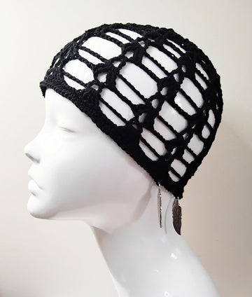 Crochet Mesh Skull Cap with Feather Charms