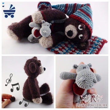 Spieluhr Teddybär Mutzli mit Babyrassel Nilpferd Häkelanleitung