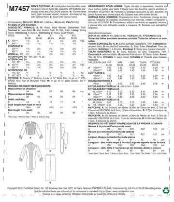 McCall's Men's Embellished Jacket, Pull-On Pants and Cravat M7457 - Sewing Pattern