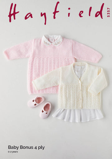 Babies Dress & Cardigan in Hayfield Baby Bonus 4 Ply - 5357 - Leaflet