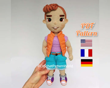 Alex Crochet doll boy pattern, amigurumi boy men pattern, PDF English, Français, Deutsch