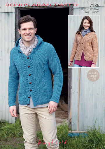 Round Neck and Hooded Cardigans in Hayfield Bonus Aran Tweed with Wool - 7136 - Downloadable PDF