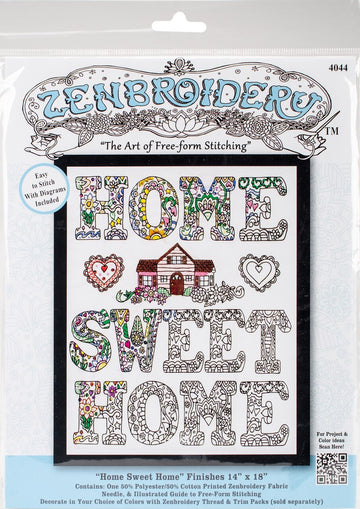 Design Works Zenbroidery Home Sweet Home Cotton Fabric Printed Embroidery Kit