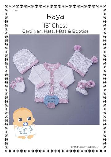 Raya Baby Cardigan, Hats, Booties & Mitts knitting pattern 18 inch chest size