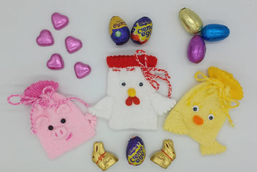 Farmyard Chocolate Easter Egg Treat Bags Knitting Pattern Hunt Chick/Pig/Chicken