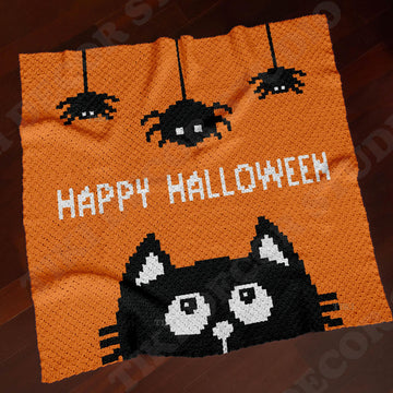 Happy Halloween Orange Blanket Black Cat Face & Spiders Throw C2C CROCHET PATTERN