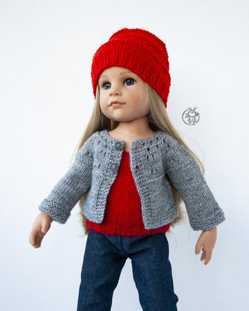 Gray and red outfit knitted flat for 18in doll