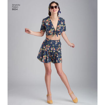 Simplicity 8654 Women's Vintage Skirt, Shorts and Tie Top - Sewing Pattern