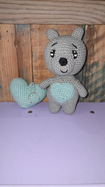 Crochet Teddy bear with heart patch onto stomach, heart keyring