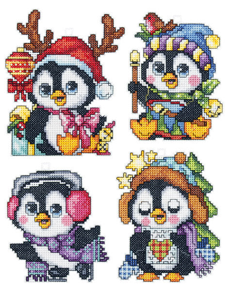 Orchidea Plastic Canvas Penguin Christmas Ornaments, Set of 4 Cross Stitch Kit - 7.5cm x 7.5cm