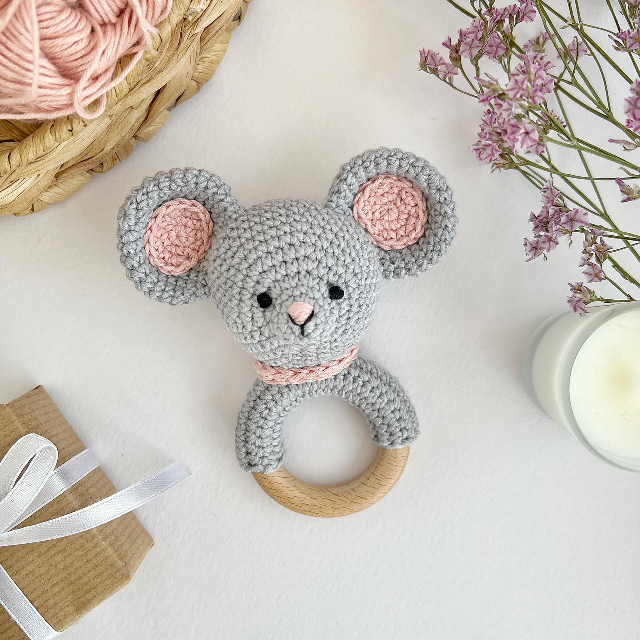 Mouse crochet pattern baby rattle Amigurumi teether toy