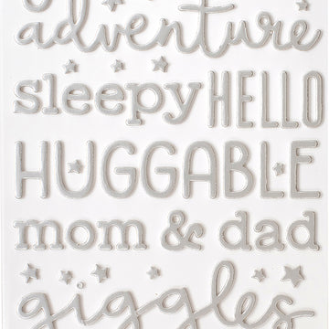 American Crafts Night Night Baby Boy Thickers Stickers 5.5"X11" 158/Pkg - Words & Numbers/Silver Foiled Foam