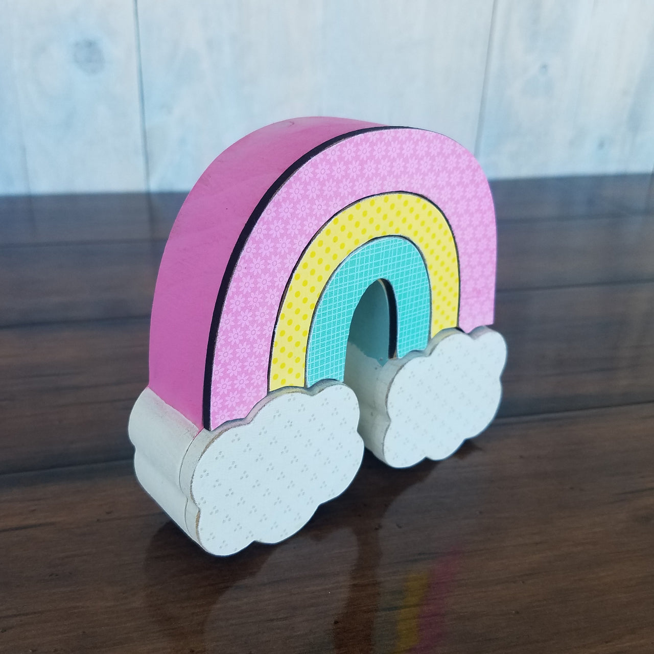 Foundations Decor Interchangeable "O" Wood Shape - Rainbow W/Clouds, 5.25"X4.75"