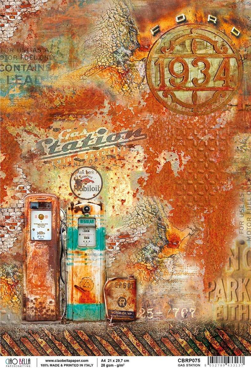 Ciao Bella Rice Paper Sheet A4 5/Pkg - Gas Station, Collateral Rust