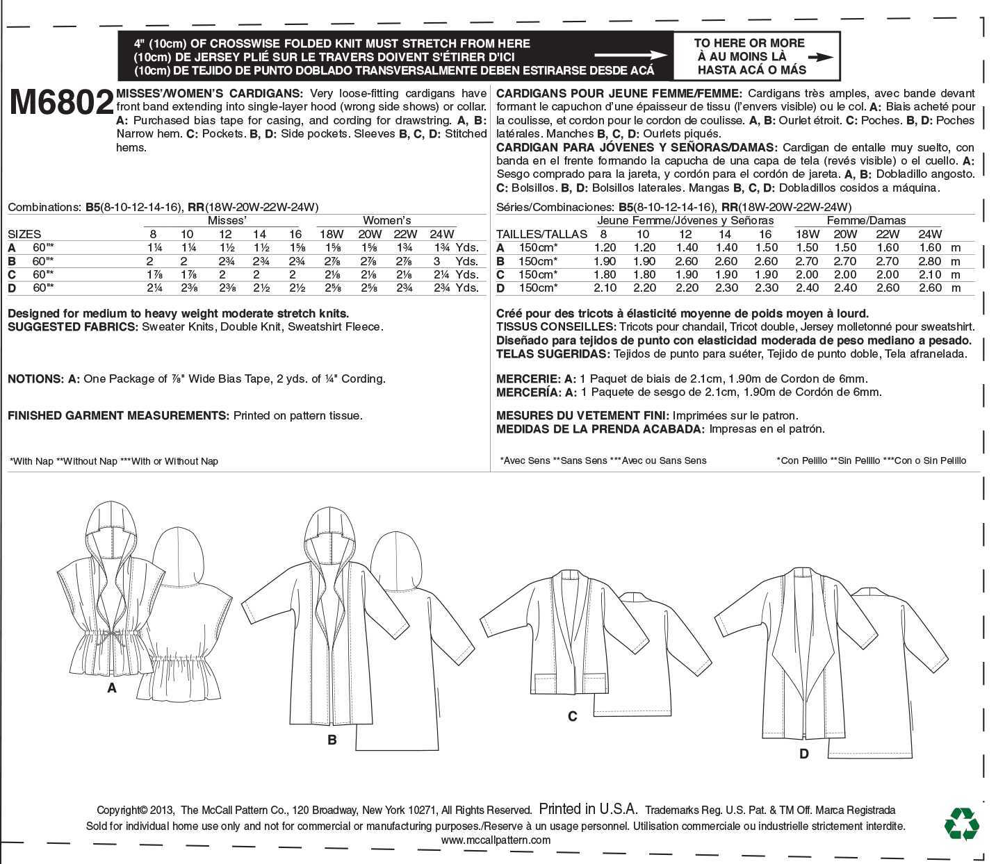 McCall's Misses'/Women's Cardigans M6802 - Sewing Pattern