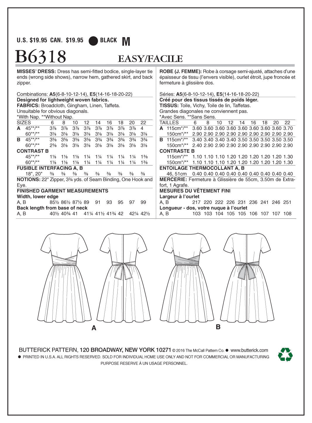 Butterick Misses' Tie-Waist Dress B6318 - Sewing Pattern