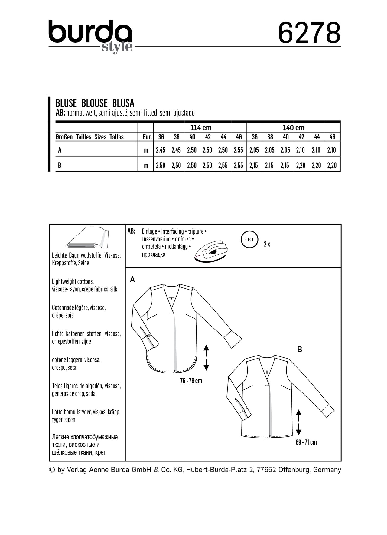 Burda Style Women's Blouses Pull-On in Two Lengths B6278 - Paper Pattern, Size 10-20