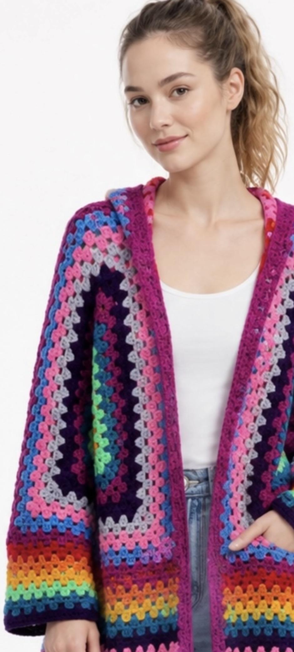 Hexagon Granny Square Crochet Hoodie Cardigan