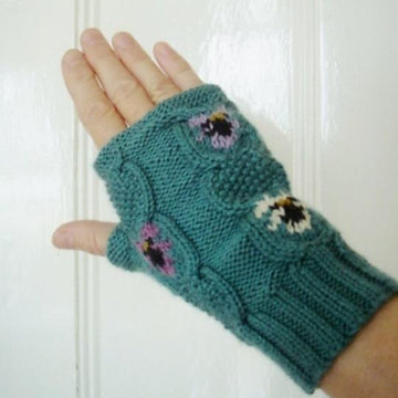 Cable and violets fingerless mitts/gloves