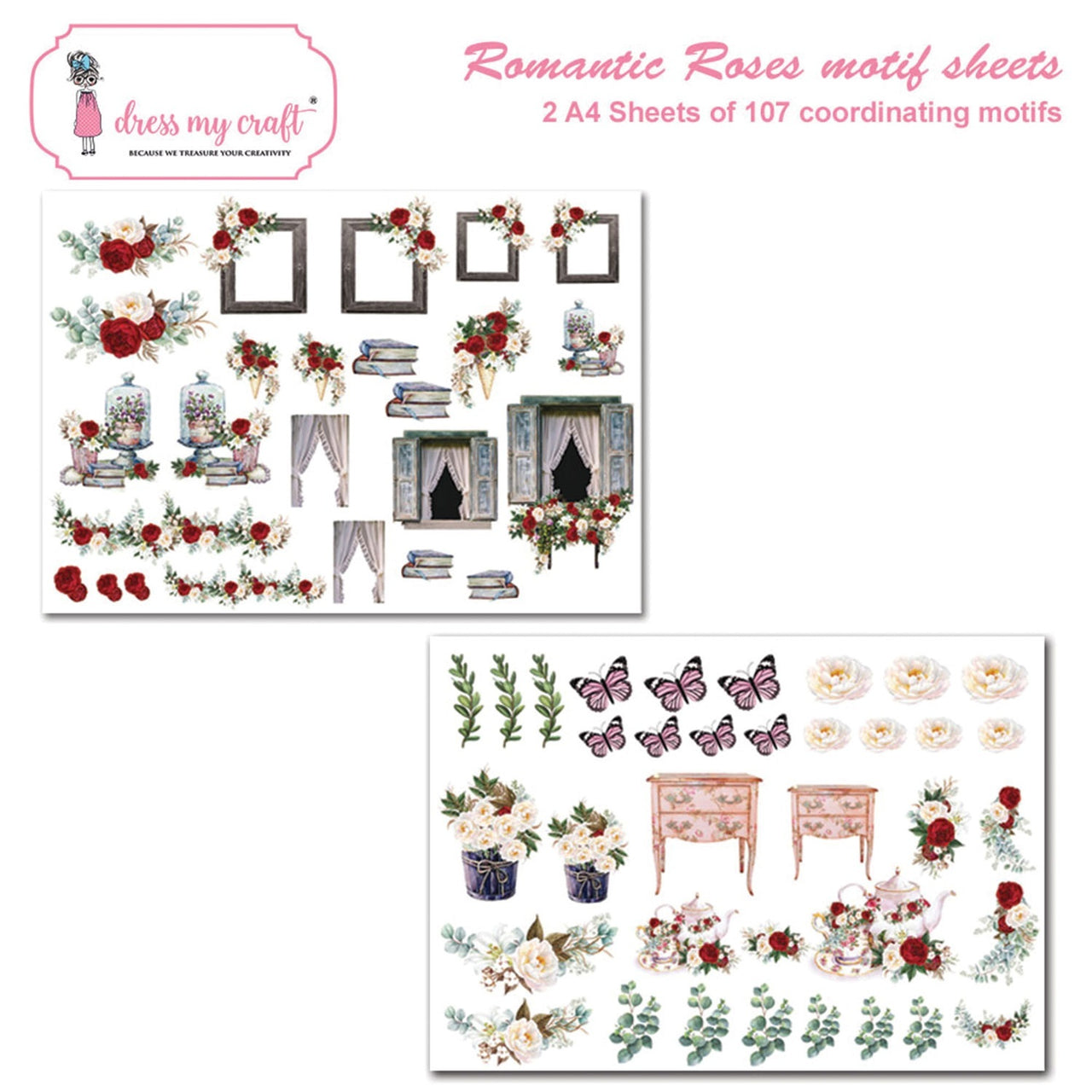 Dress My Crafts Fussy Cutting Image Sheet 240gsm A4 2/Pkg - Romantic Roses