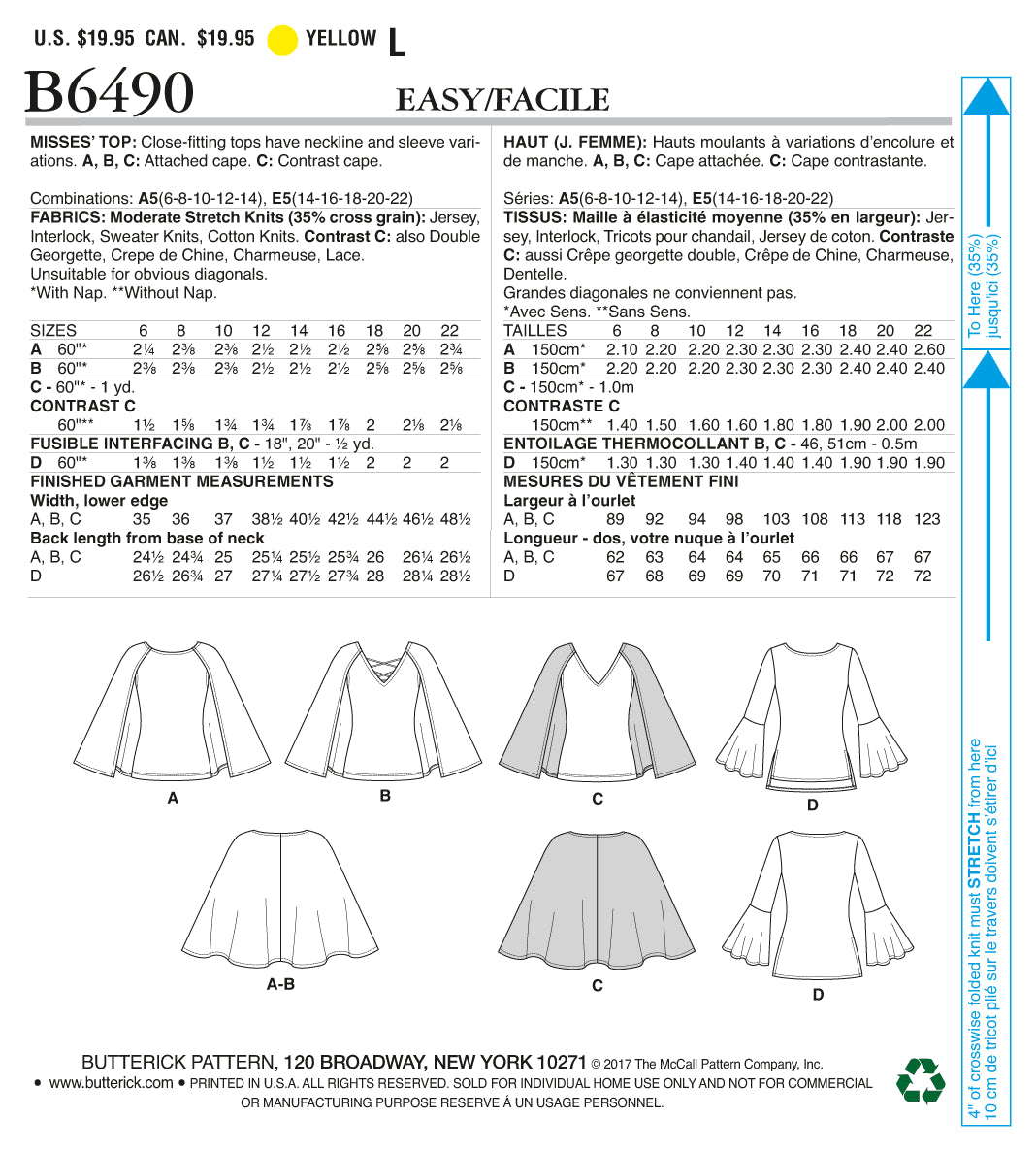 Butterick Misses' Tops with Attached Cape and Sleeve Variations B6490 - Sewing Pattern