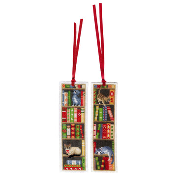 Vervaco Cats In Bookshelf Set Of 2 Bookmark Cross Stitch Kit - 6 x 20 cm