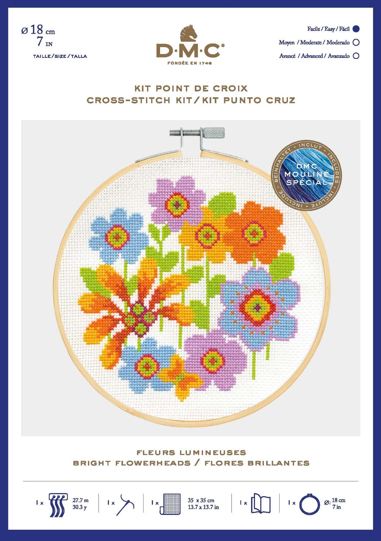 DMC Bright Flowerheads Cross Stitch Kit (with 7in hoop) - 7in