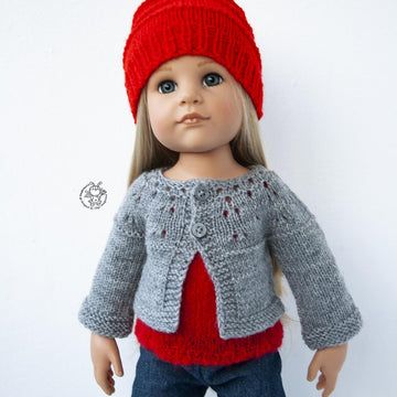 Gray and red outfit  knitted flat for 18in doll