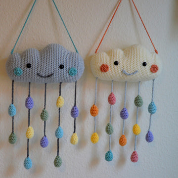 Cloud pillow and mobile with raindrops