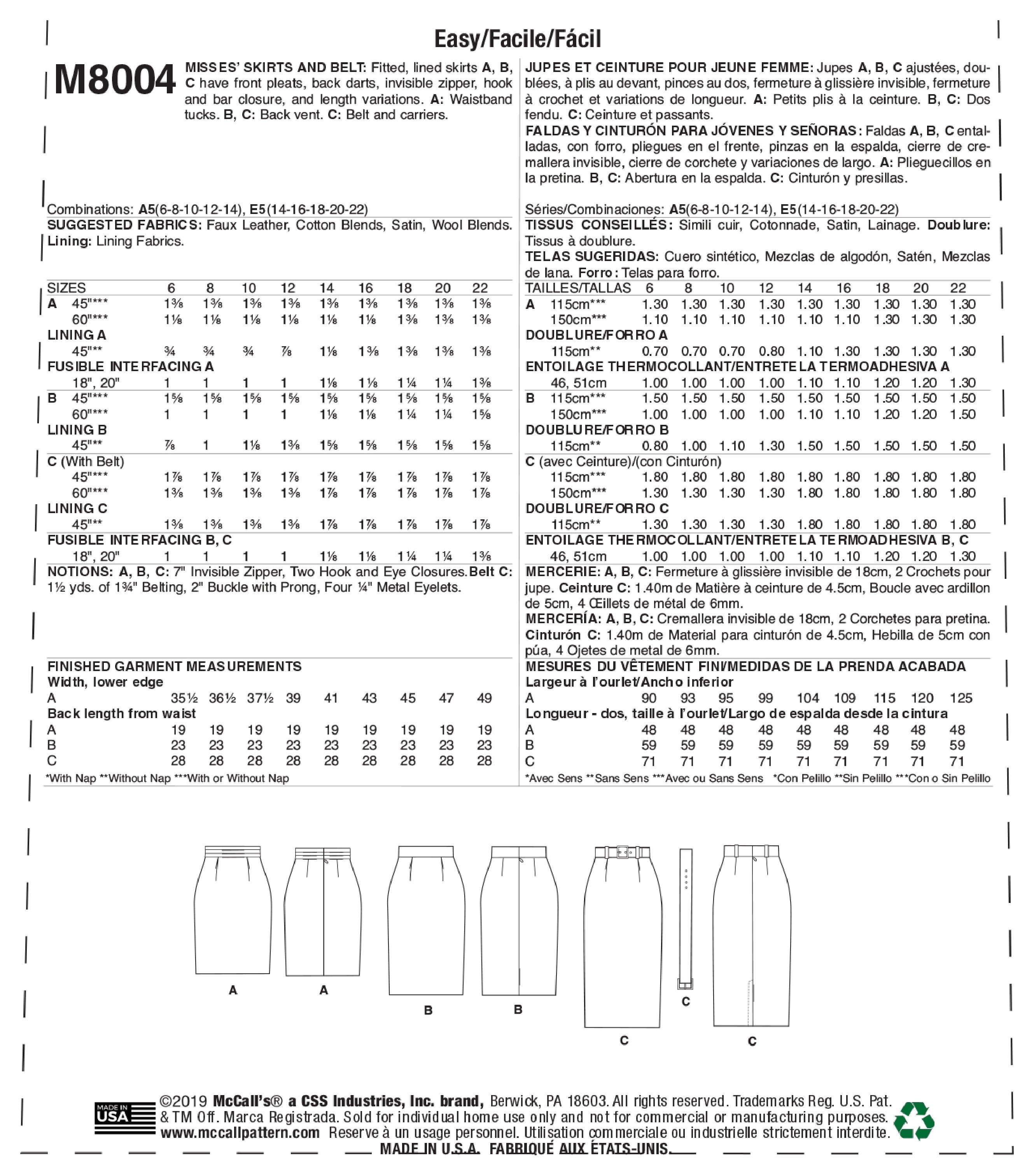 McCall's Misses' Skirt and Belt M8004 - Sewing Pattern