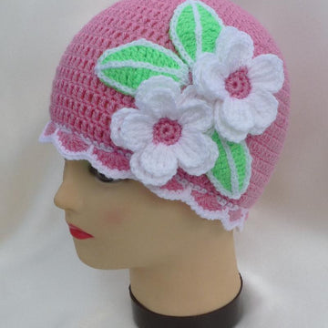 Crochet Baby Girl Beanie Hat with flowers Apple Blossoms