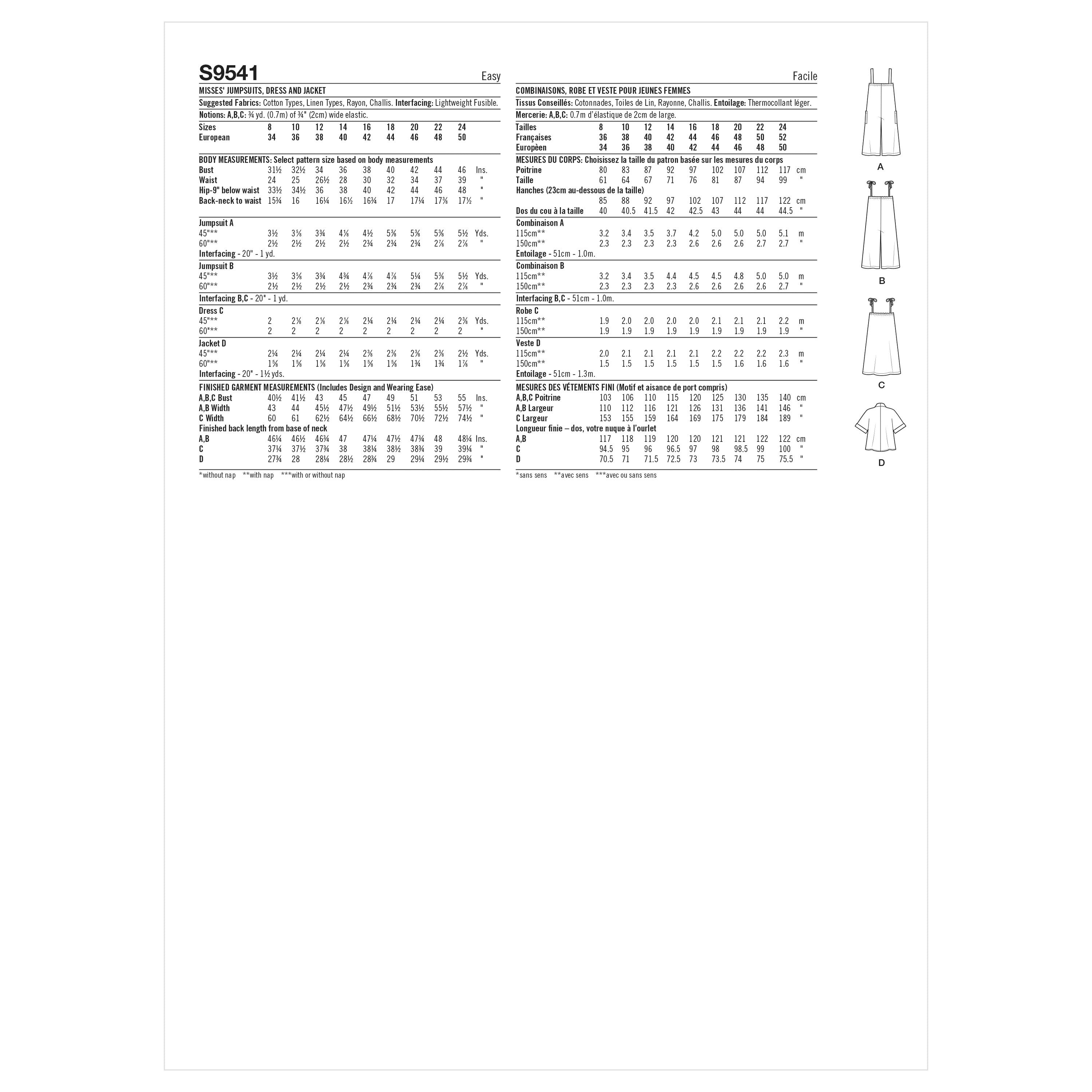 Simplicity Misses' Jumpsuits, Dress and Jacket S9541 - Sewing Pattern