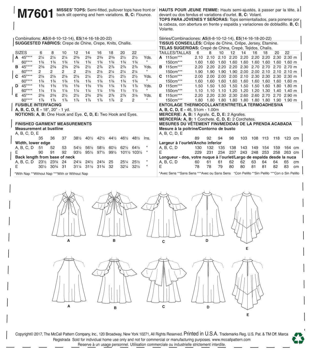McCall's Misses' Pullover Tops with Front or Back Slit Opening M7601 - Sewing Pattern