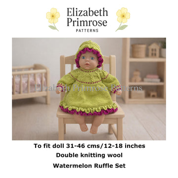 Watermelon Ruffle Set Knitting Pattern P102 – Doll Dress and Hat – Elizabeth Primrose Patterns